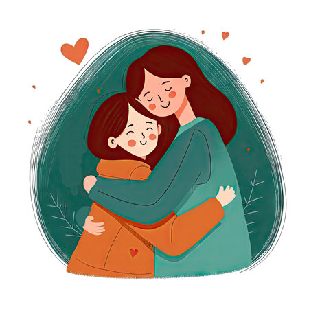 Little girl hug her mother with love. Mom and daughter love as family greeting card. Mothers day concept media isolated transparent png. Generative AI.の素材