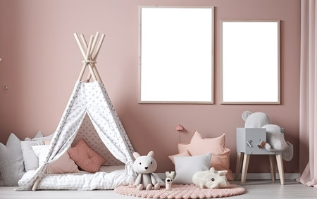 modern scandinavian children room interior with mock up transparent png poster. natural toys, teddy bear and rabbit. Minimalistic and cozy interior with pink walls. Generative AI.の素材