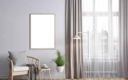 Interior design of cozy living room with stylish chairs, dired flowers in vase, mock up poster, carpet decoration, plaid and personal accessories in modern home decor. transparent png. Generative AI.の素材