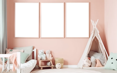 modern scandinavian children room interior with mock up transparent png poster. natural toys, teddy bear and rabbit. Minimalistic and cozy interior with pink walls. Generative AI.の素材