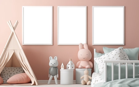 modern scandinavian children room interior with mock up transparent png poster. natural toys, teddy bear and rabbit. Minimalistic and cozy interior with pink walls. Generative AI.の素材