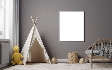 modern scandinavian children room interior with mock up transparent png poster. natural toys, teddy bear and rabbit. Minimalistic and cozy interior with gray walls. Generative AI.の素材