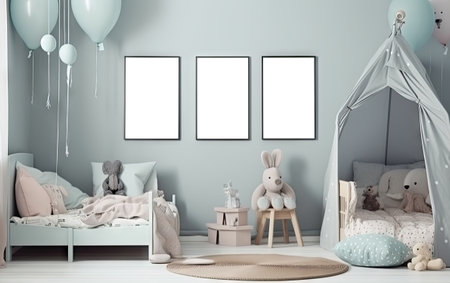 modern scandinavian children room interior with mock up transparent png poster. natural toys, teddy bear and rabbit. Minimalistic and cozy interior with gray walls. Generative AI.の素材
