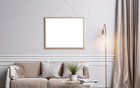 Interior design of cozy living room with stylish sofa, coffee table, dired flowers in vase, mock up poster, carpet decoration pillows, plaid and personal accessories in modern home decor. transparent png. Generative AI.の素材