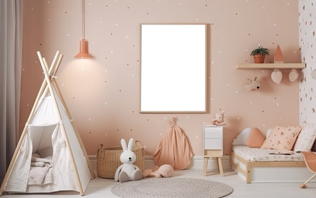 modern scandinavian children room interior with mock up transparent png poster. natural toys, teddy bear and rabbit. Minimalistic and cozy interior with pink walls. Generative AI.の素材