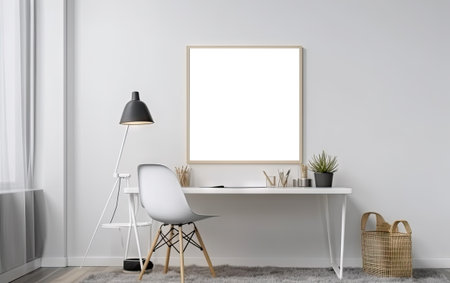 home office concept. Empty vertical wooden picture frame mockup hanging on white wall. Wooden desk, table. Elegant working space. Scandinavian interior design. Generative AI transparent png.の素材