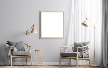 Interior design of cozy living room with stylish chairs, dired flowers in vase, mock up poster, carpet decoration, plaid and personal accessories in modern home decor. transparent png. Generative AI.の素材