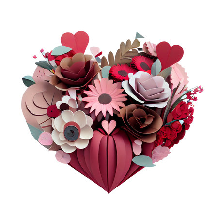 Red cute valentine heart love of wedding flowers. 3d render top view isolated Transparent background png. Generative ai.の素材