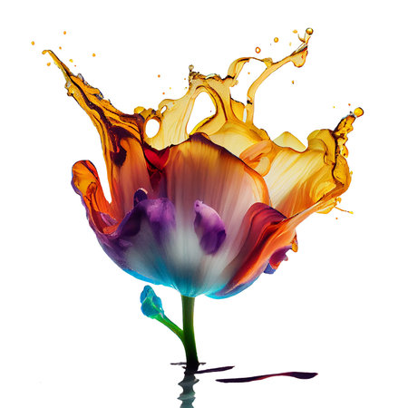 Abstract paint splatter spring flower tulip and paint splash closeup isolated Transparent background png. Generative ai.の素材