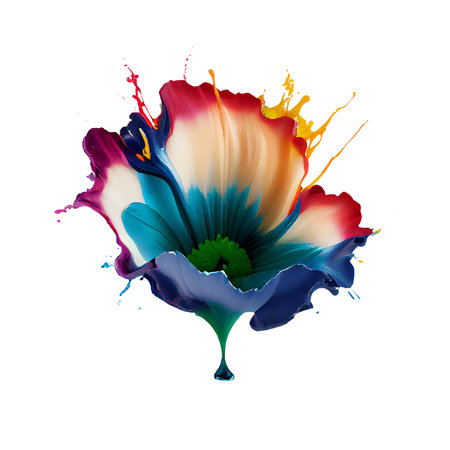 Abstract paint splatter spring flower and paint splash closeup isolated Transparent background png. Generative ai.の素材