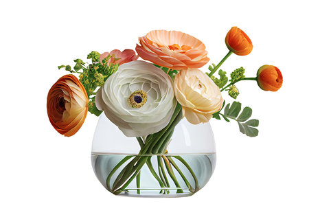 Watercolor ranunculus flower bouquet in a vase floral wedding isolated Transparent png background. Generative ai.の素材