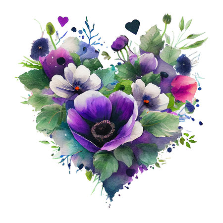 Wedding Heart made of watercolor colorful love purple anemones floral. Valentine's Day card isolated background top view. Transparent png. Generative ai.の素材