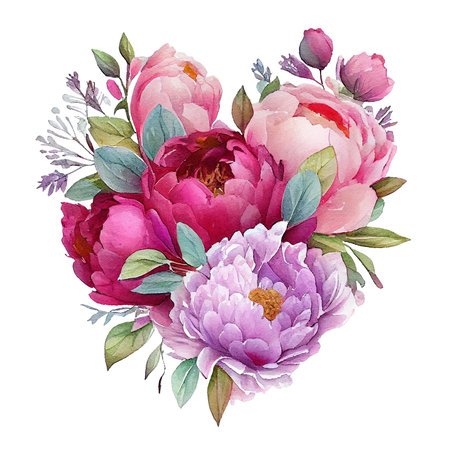 Wedding Heart made of watercolor colorful love purple pink peonies floral. Valentine's Day card isolated Transparent png background top view. Generative ai.の素材