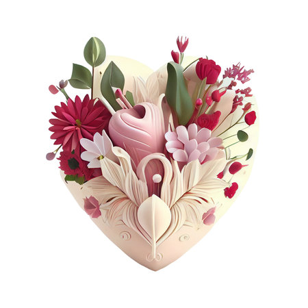Red cute valentine heart love of wedding flowers. 3d render top view isolated Transparent background png. Generative ai.の素材