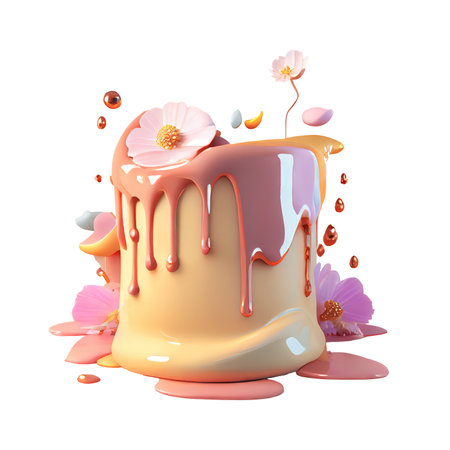 3d cute pink cake with flower. Happy birthday cartoon plastic style on isolated Transparent background png. Generative ai.の素材