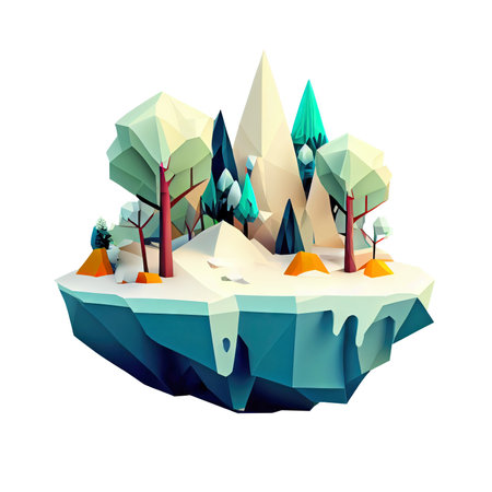 3d cute icon Winter tree cartoon isometric christmas illustration on floating island low poly style isolated Transparent background png. Generative ai.の素材