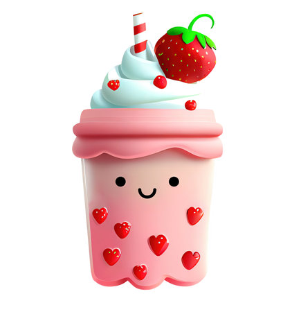 Cute Milkshake With strawberry Cartoon 3d Icon kawaii Illustration. Food And Drink isolated Transparent background png. Generative ai.の素材