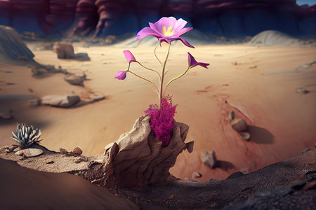 Pink flower Growing from the cracked soil in a desert. concept solo alone hope. Generative ai.の素材