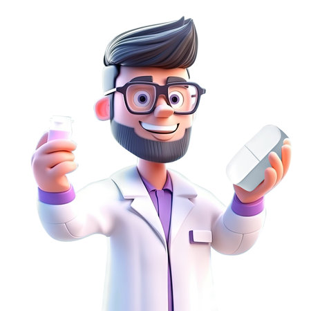 Young smiling man doctor holding pills, medical specialist Medicine concept. Cute 3d icon people character illustration. Cartoon minimal style on isolated transparent background png. Generative ai.の素材