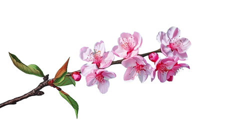 White spring Pink cherry or apple blossom flowers tree branch with green leaves isolated transparent background png. Generative ai.の素材