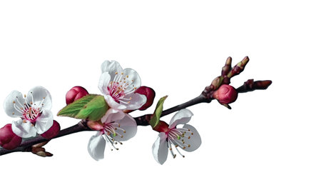 White spring Pink cherry or apple blossom flowers tree branch with green leaves isolated transparent background png. Generative aiの素材