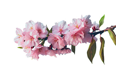White spring Pink cherry or apple blossom flowers tree branch with green leaves isolated transparent background png. Generative ai.の素材