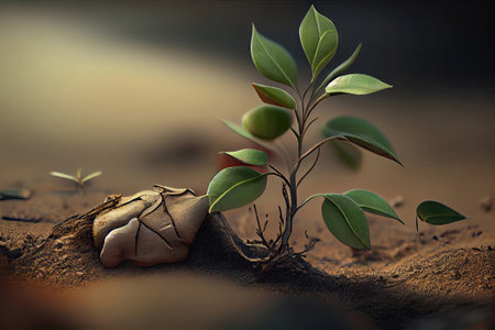 plant herb Growing from the cracked soil in a desert. concept solo alone hope. Generative AI.の素材