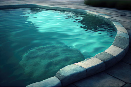 Swimming pool background transparent blue colored clear calm water surface texture with splashes and bubbles. Water waves in sunlight with copy space. Generative AI.の素材