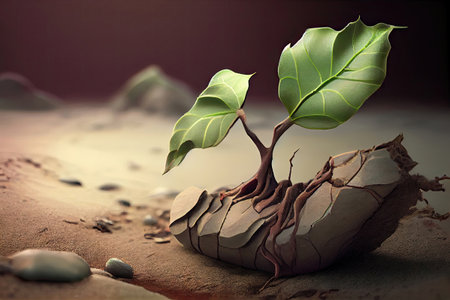 plant herb Growing from the cracked soil in a desert. concept solo alone hope. Generative AI.の素材