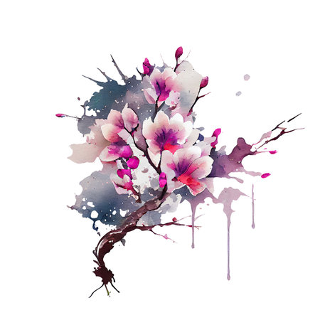 Pink spring Watercolor cherry blossom. Sakura tree branch with spring flowers isolated transparent background png. Generative AI.の素材