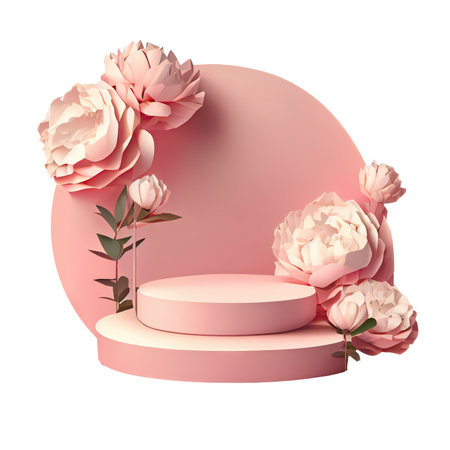 Empty Mockup podium or pedestal with pink peonies flowers. Blank shelf product standing isolated transparent background png. Generative AI.の素材