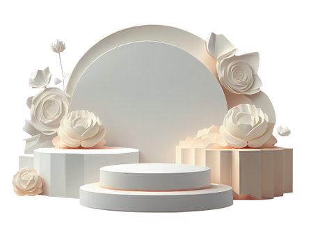 Empty Mockup podium or pedestal with white flowers. Blank shelf product standing isolated transparent background png. Generative AI.の素材