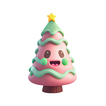 Christmas tree with white toys 3d icon kawaii in cartoon style. Xmas or New Year's decorative element low poly rendering on Isolated Transparent png background. Generative AI.の素材