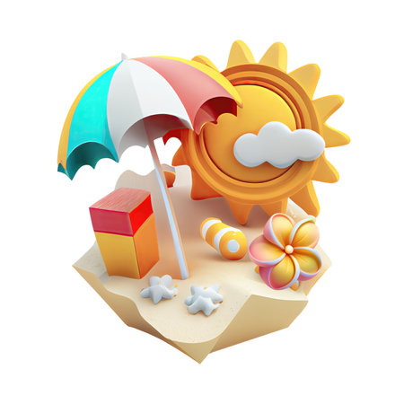3d icon cute Summer design concept sand with sun umbrella cartoon style on Isolated Transparent png background. Generative AI.の素材