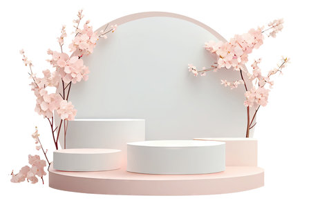 Empty Mockup podium or pedestal with white flowers. Blank shelf product standing isolated transparent background png. Generative AI.の素材