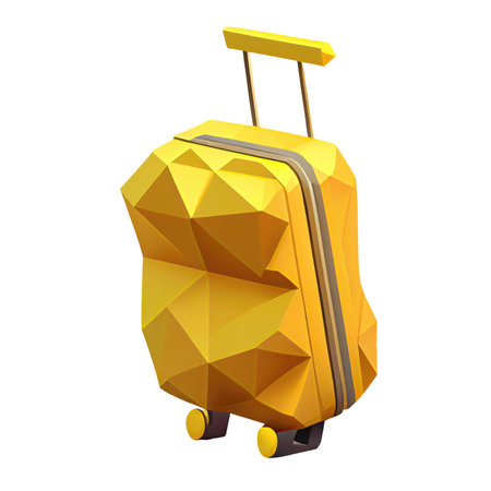 3d icon yellow travel plastic suitcase low poly with wheels cartoon polygon fluffy isolated Transparent background png. Generative AI.の素材