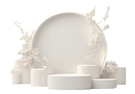 Empty Mockup podium or pedestal with white flowers. Blank shelf product standing isolated transparent background png. Generative AI.の素材