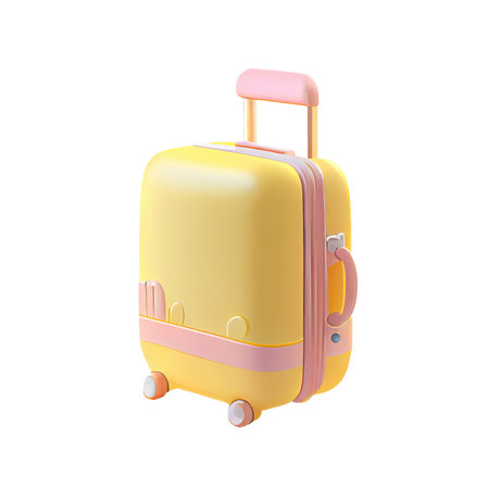 3d icon yellow travel plastic suitcase with wheels cartoon fluffy isolated Transparent background png. Generative AI.の素材