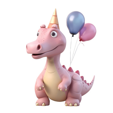 3d icon cute Dino Funny pink dinosaur Dinosaur with cap and balls happy Birthday party illustration in cartoon style on Isolated Transparent png background. Generative AI.の素材