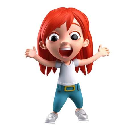 3D icon people cartoon kawaii Young redhead woman celebrating goal achievement, victory. concept of victory and success. Win, raised hands, hands up gesture character isolated background transparent png. Generative AI.の素材