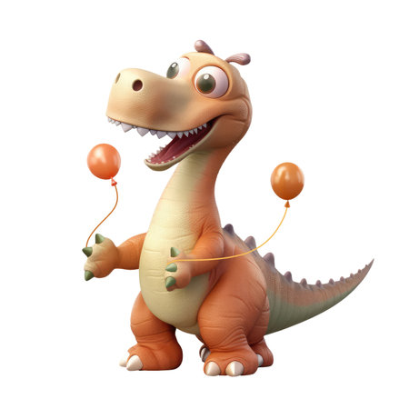 3d icon cute Dino Funny orange dinosaur Dinosaur with cap and balls happy Birthday party illustration in cartoon style on Isolated Transparent png background. Generative AI.の素材