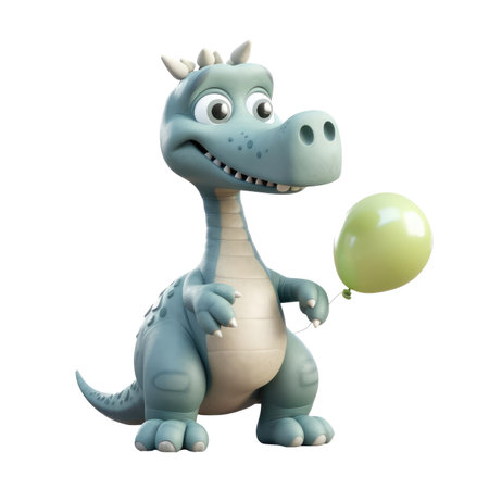 3d icon cute Dino Funny green dinosaur Dinosaur with cap and balls happy Birthday party illustration in cartoon style on Isolated Transparent png background. Generative AI.の素材