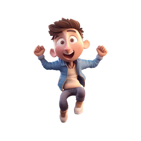 3d icon cute Young smiling Happy winning man, people jumping character illustration. Cartoon boy minimal style on Isolated Transparent png background. Generative AI.の素材