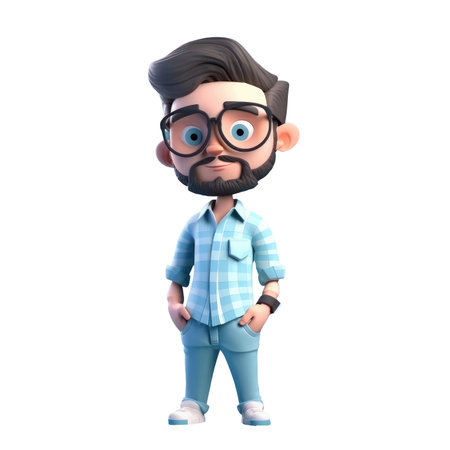 3D icon avatar cartoon hipster character, stylish man with beard, cartoon close up portrait on isolated on transparent png background. Generative AI.の素材