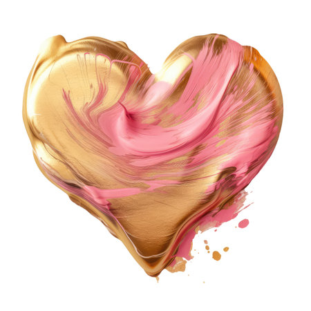 Abstract lipstick smudge or color pink gold paint heart shape impasto texture isolated background transparent png. Generative AI. Beauty makeup wedding product swatch and love Valentine concept.の素材