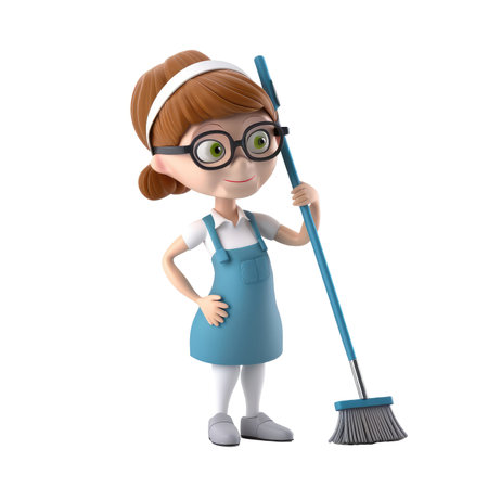 3D icon cute Young woman housewife cleaning the floor with a mop, people activity, daily routine cartoon style on Isolated Transparent png background. Generative AI.の素材