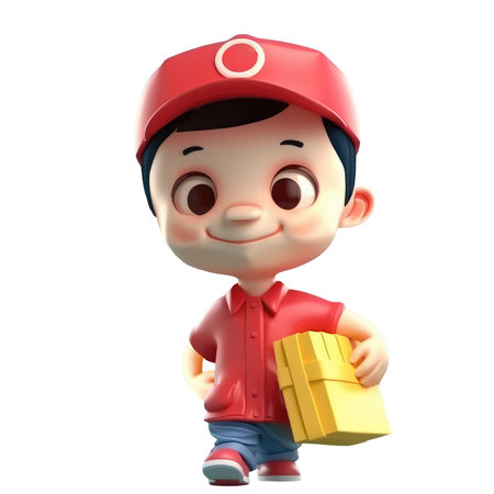 3d icon cute. Smiling cartoon korean man in uniform standing with parcel, boxes, delivery, transportation, transportation to customer, Parcel delivery and postal service concept character isolated background transparent png. Generative AIの素材