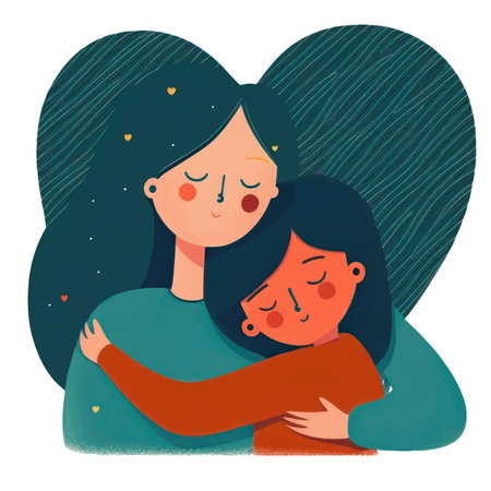 Little girl hug her mother with love in heart frame. Mom and daughter love as family greeting card. Mothers day concept media isolated transparent png. Generative AI.の素材