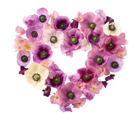 Heart shaped love flower bouquet pink anemones, valentines day illustration wedding, mothers Day isolated on transparent png background Generative ai.の素材