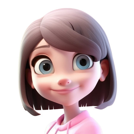 3D icon avatar brown-haired woman illustration of smiling happy girl. Cartoon close up portrait of standing girl on isolated on transparent png background. Generative AI.の素材